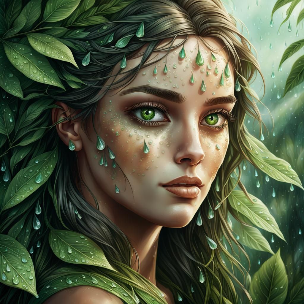 Green-Eyed Girl Portrait with Leaf Hair