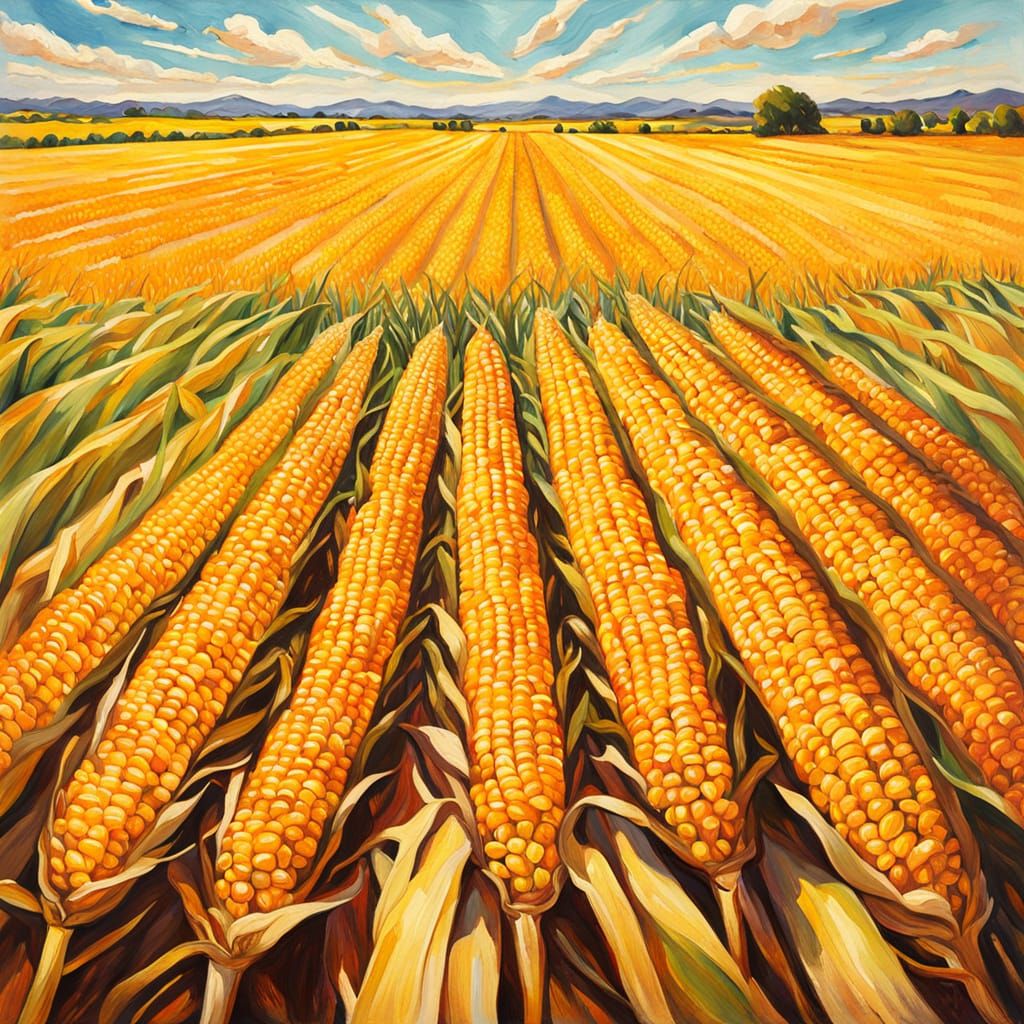 Golden Cornfields in Gouache Watercolor Impressionist Style