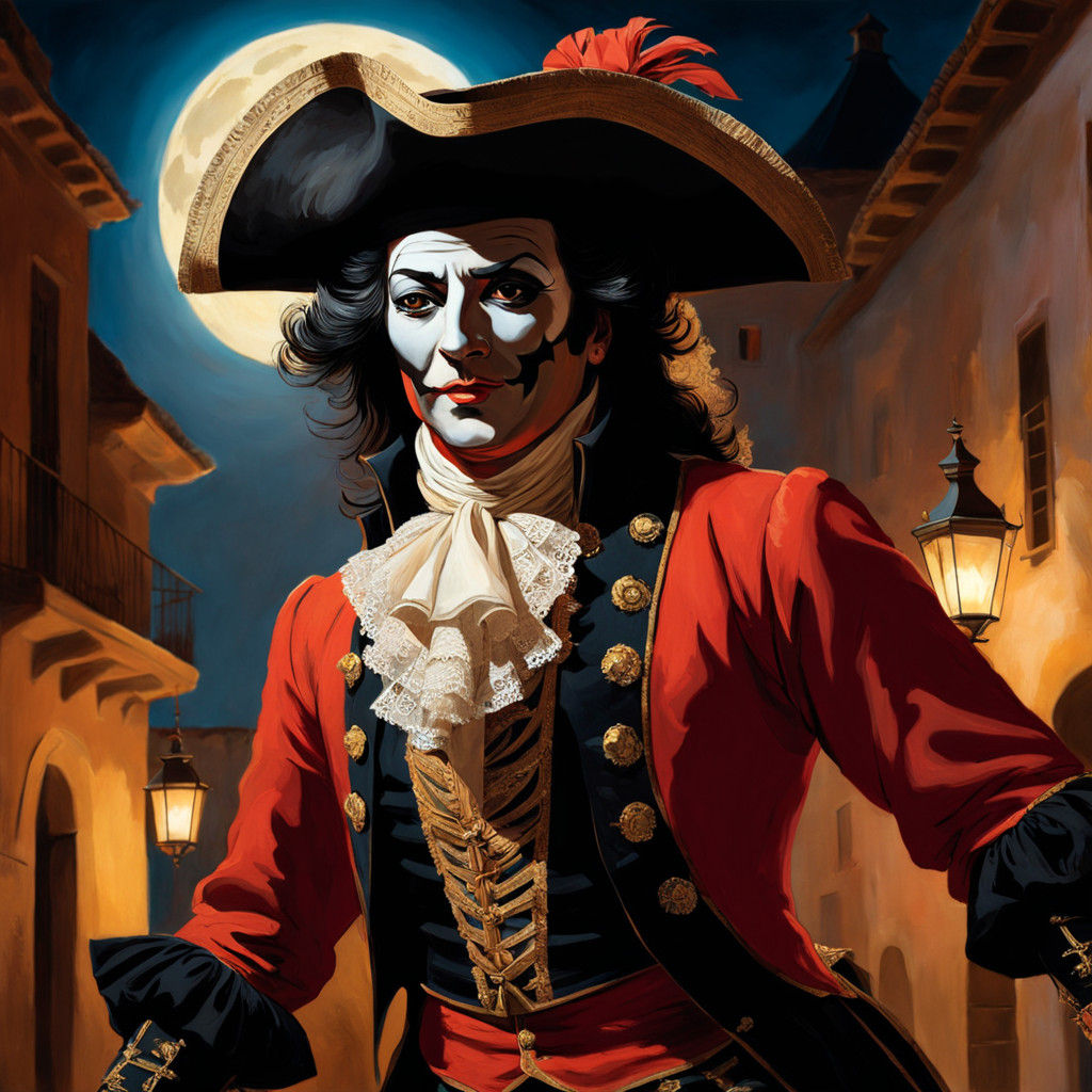 Scaramouche Dancing Under Moonlight in a Spanish Courtyard