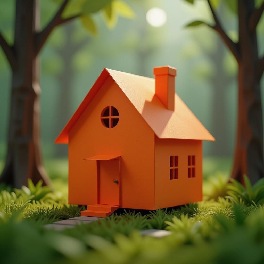 Orange House in Forest as Origami Papercraft