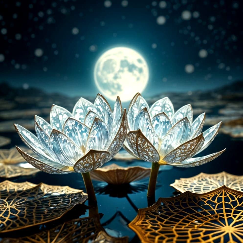 Moonlit Diamond Water Lilies in Golden Filigree