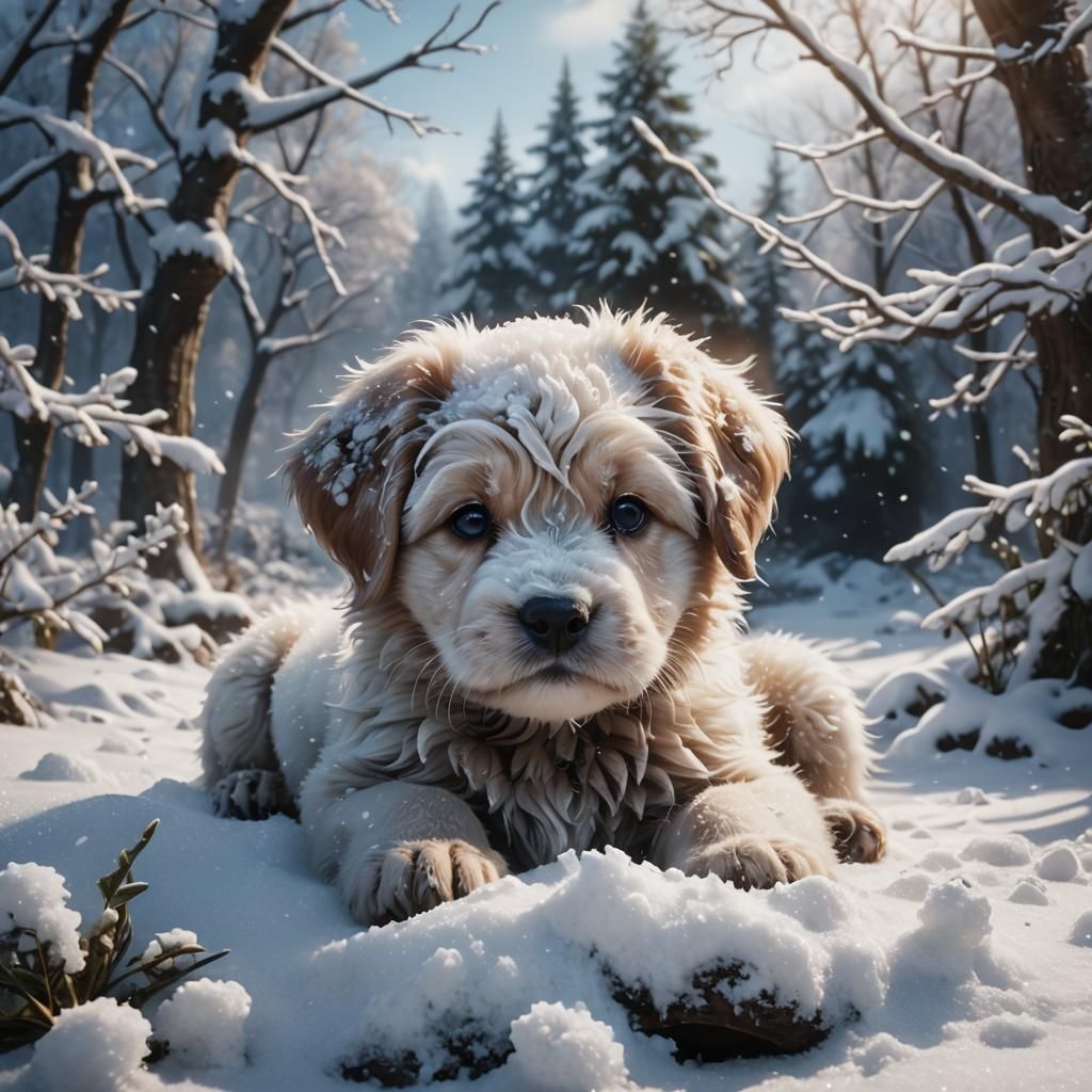 Snowy Puppy Purring: Detailed Digital Matte Painting