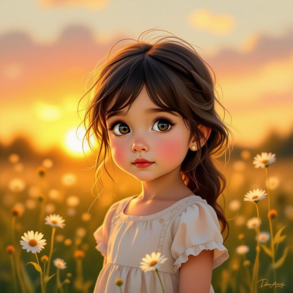 Girl in Wildflower Field at Golden Hour Oil Portrait