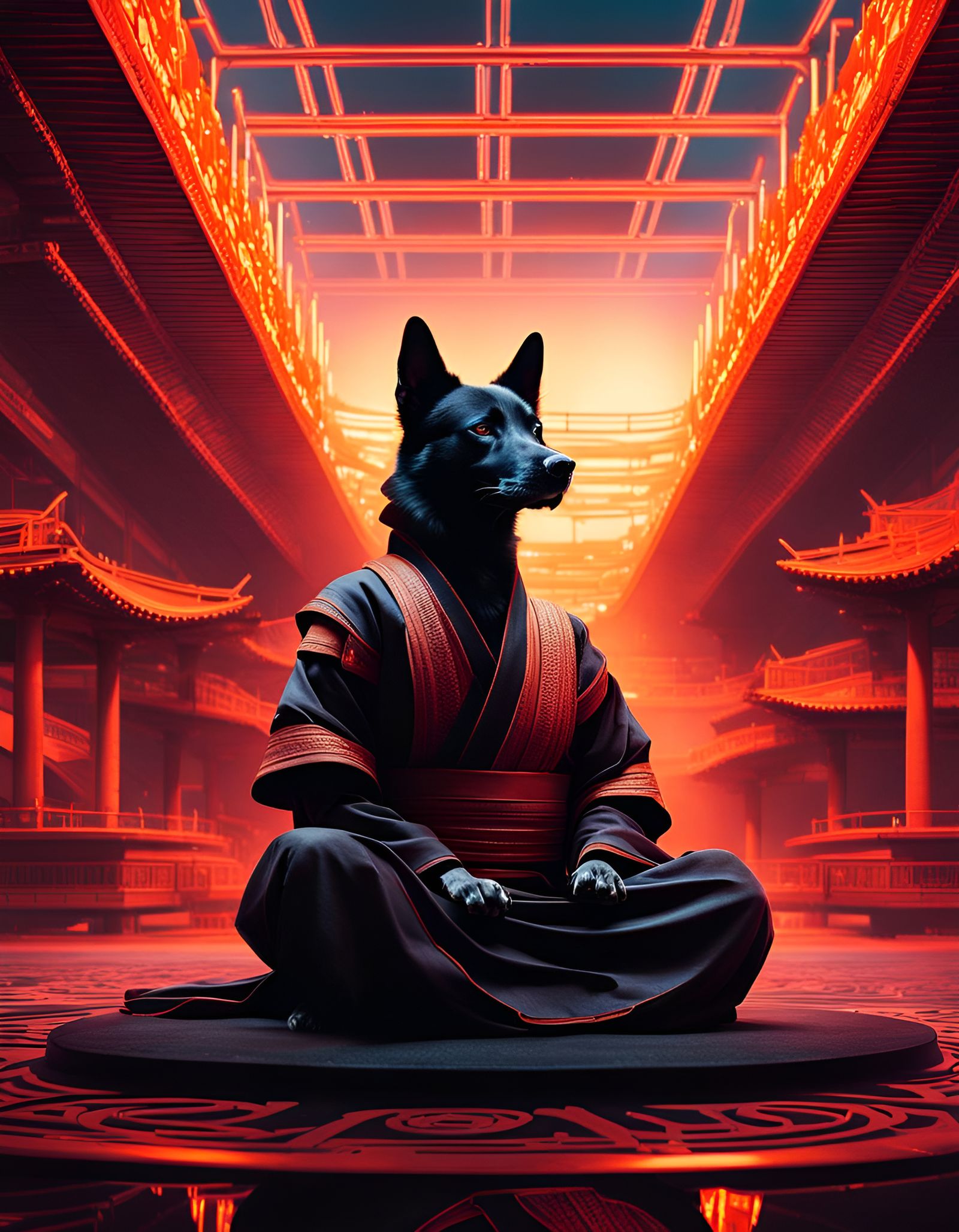 Cyberpunk Samurai Meditating in Ukiyo-e Zen Garden