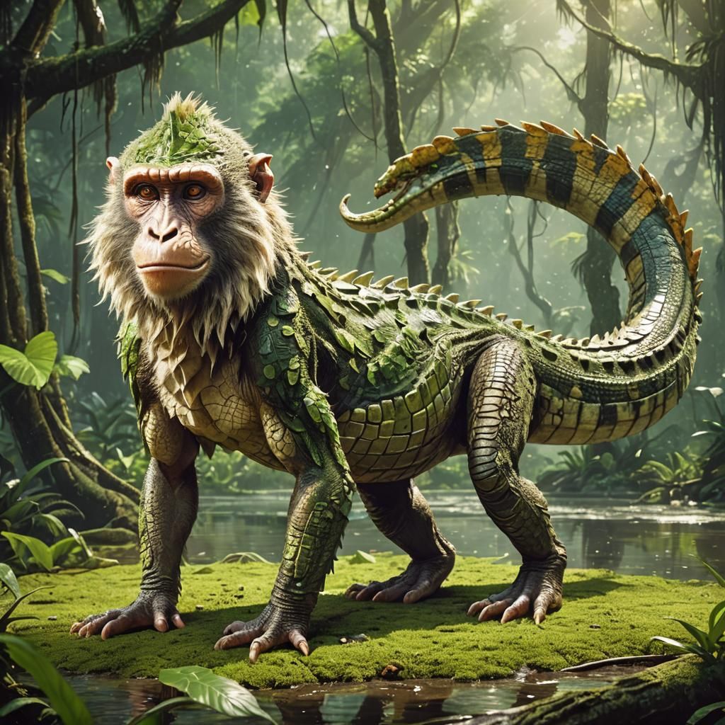 A hybrid animal image of a monkey and a crocodile, it has a ...