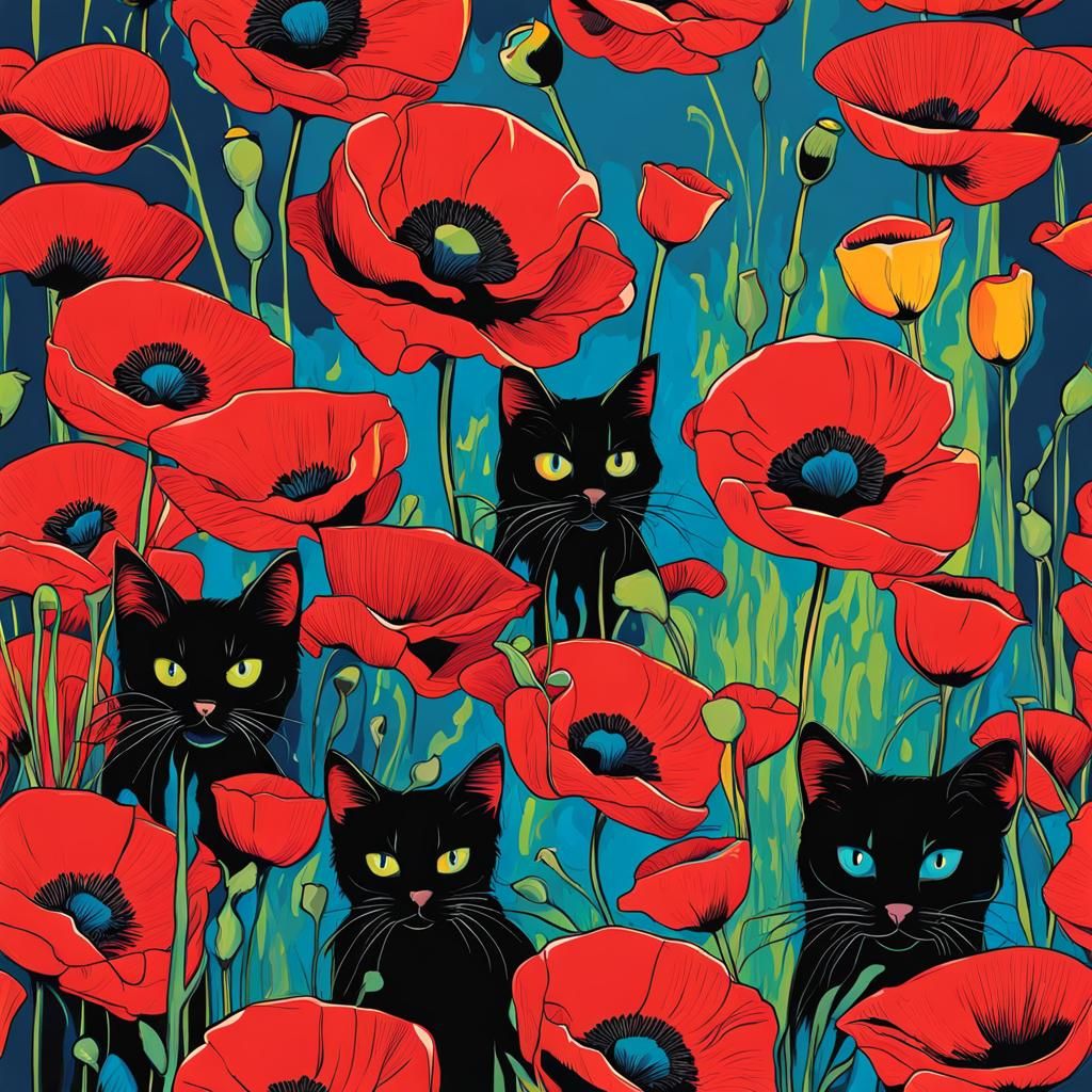 Vibrant Poppies Dance with Mischievous Felines in a Matisse-...