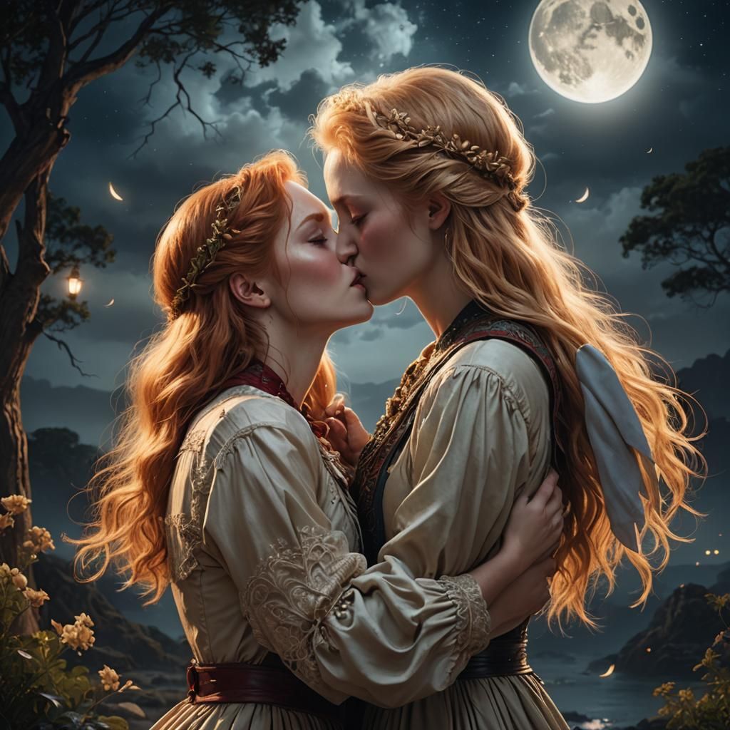 Redhead and Blond Girl Kissing in Moonlight