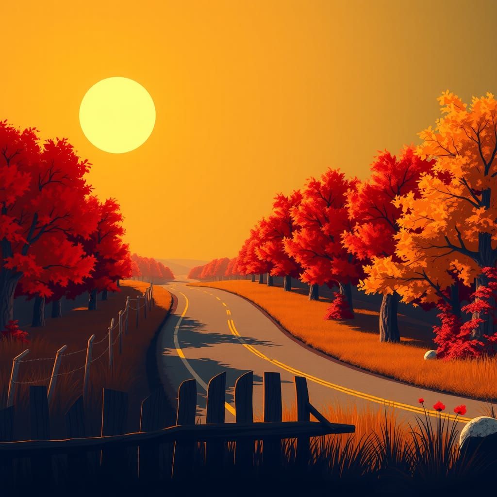 ✨🍂An autumn landscape with a winding road stretching into t...