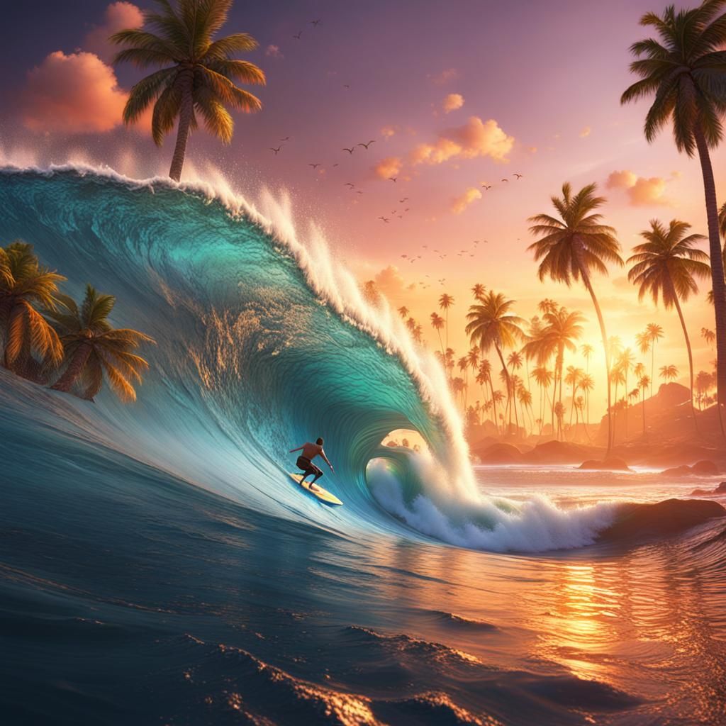 Big Wave Surfing at Sunset: Detailed Matte Painting