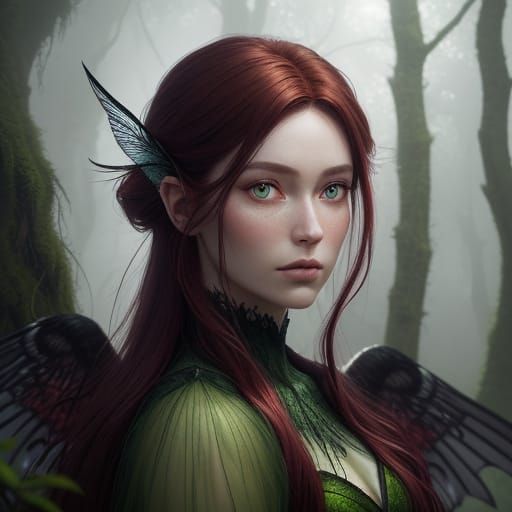 Ethereal Fairy with Dark Red Locks and Green Eyes, Surrounde...