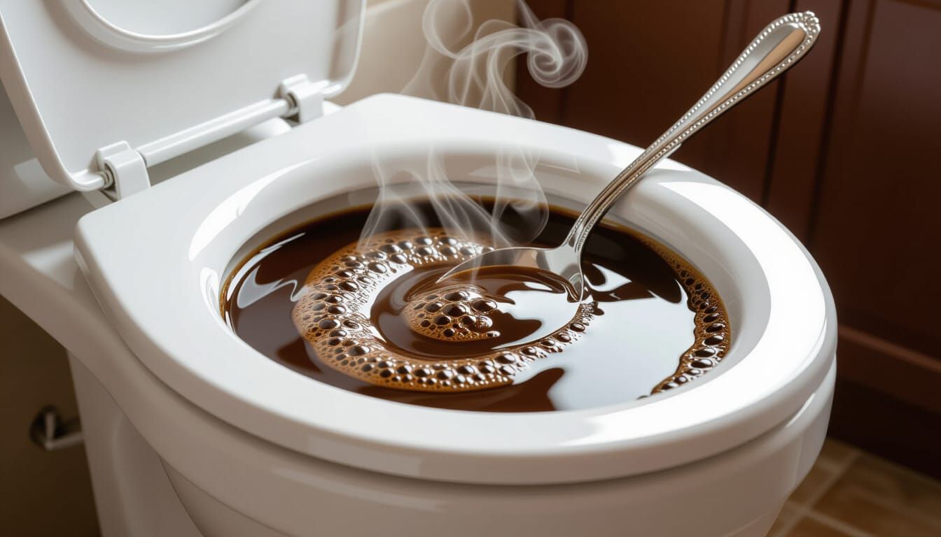 Coffee Swirling in Open Toilet with Spoon