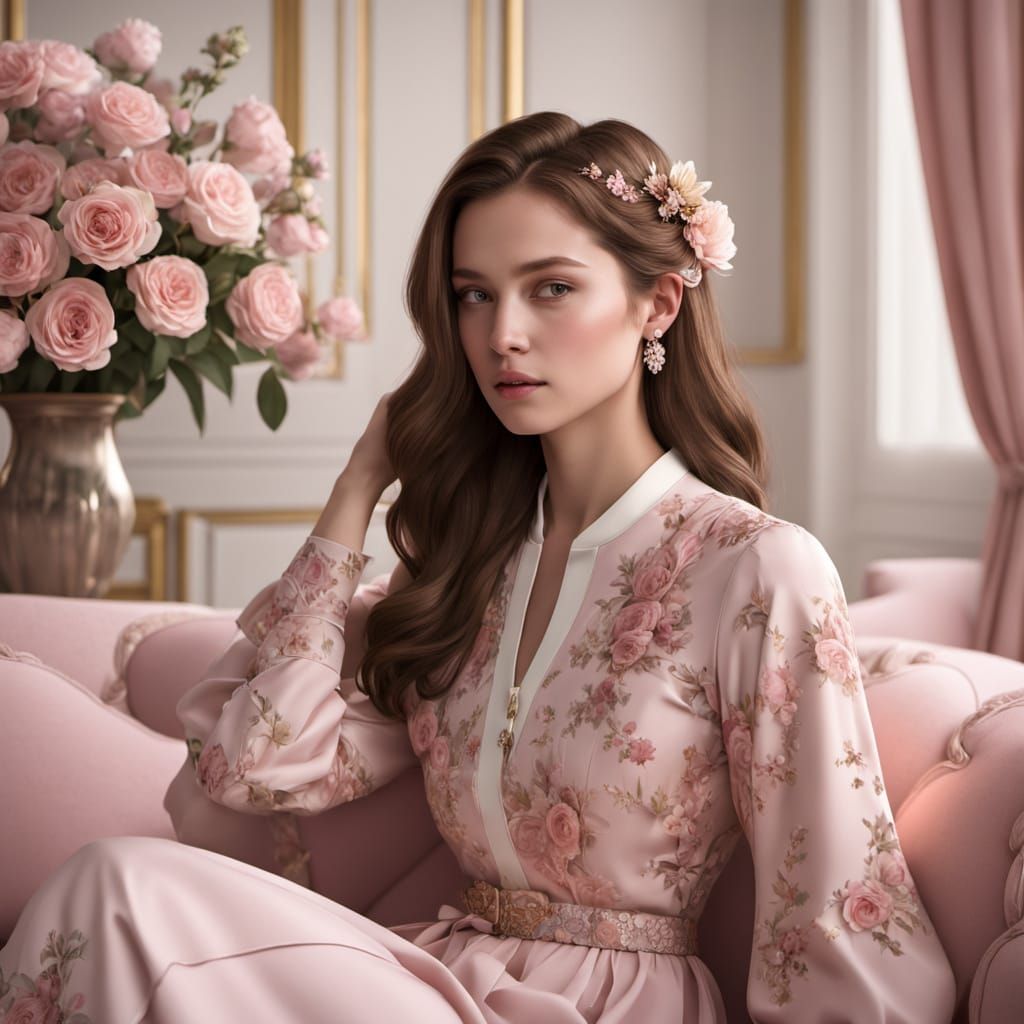 Heavyset Woman in Floral Home, Digital Matte Painting