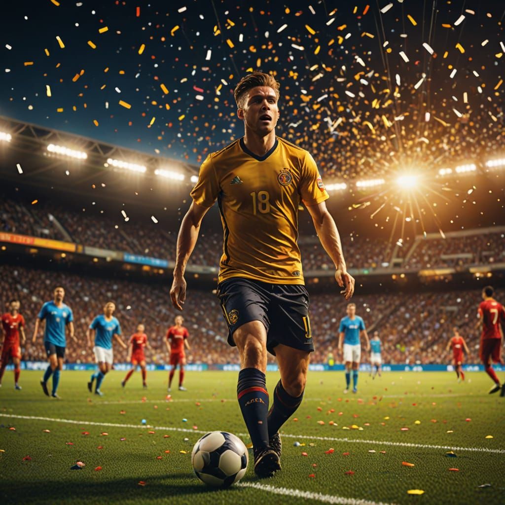Soccer Player Scores in a Vibrant Stadium Atmosphere