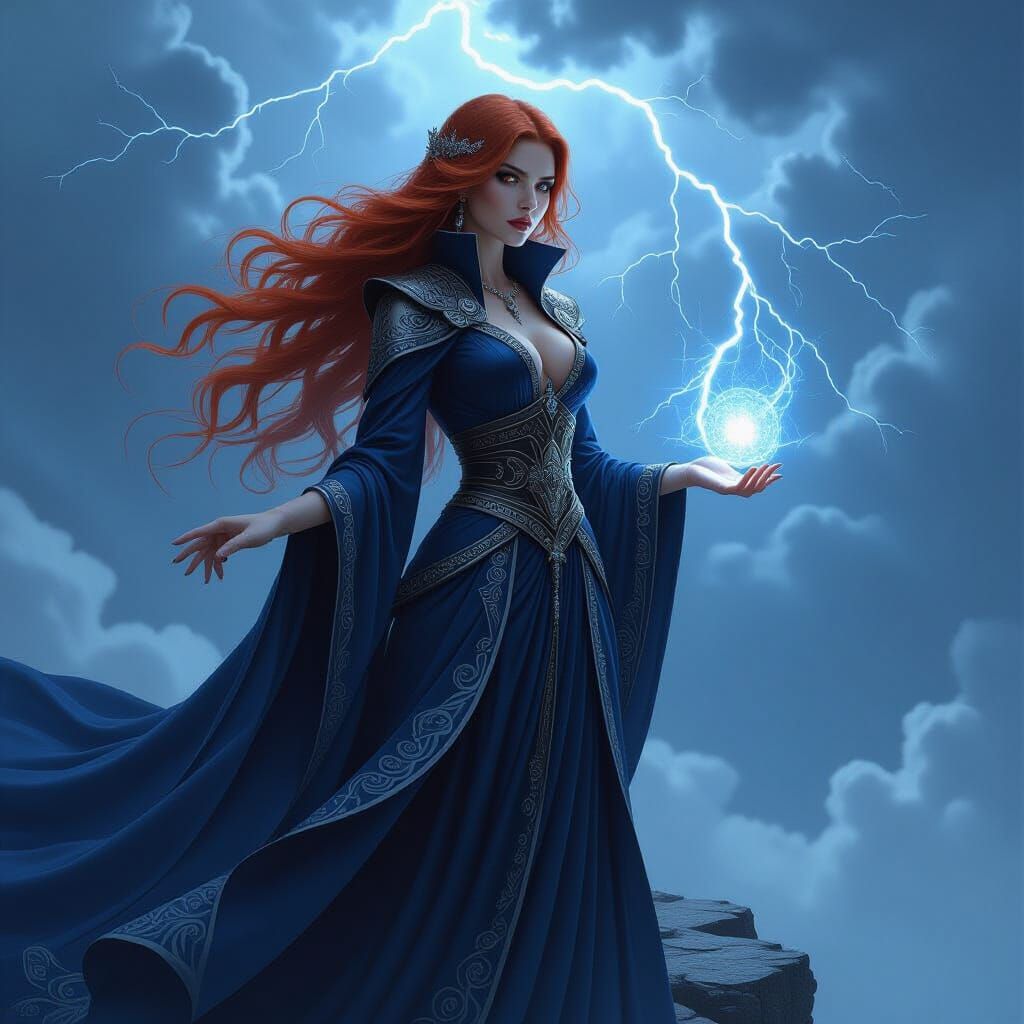 Crimson Sorceress Overlooking Storm, in Art Nouveau Style