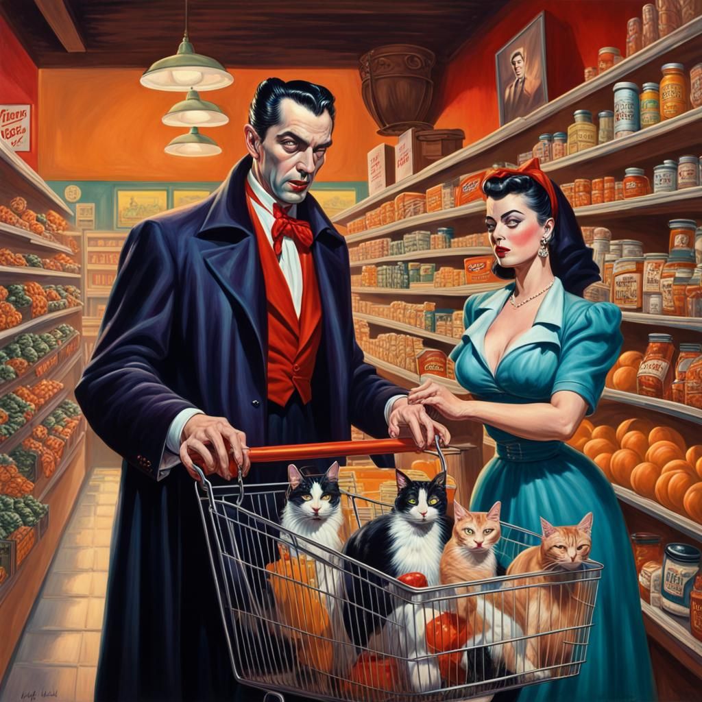 Dracula Grocery Shopping with Pinup Wife, 1950s
