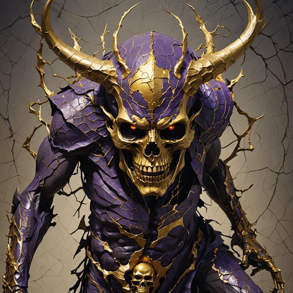 Elegant Demon with Kintsugi Cracks in Dark Fantasy Style