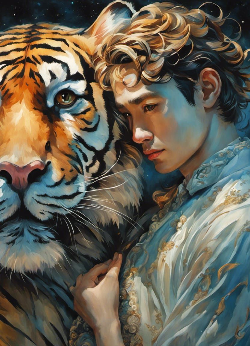 Joyful Boxer and Tiger Portrait in Rococo Style