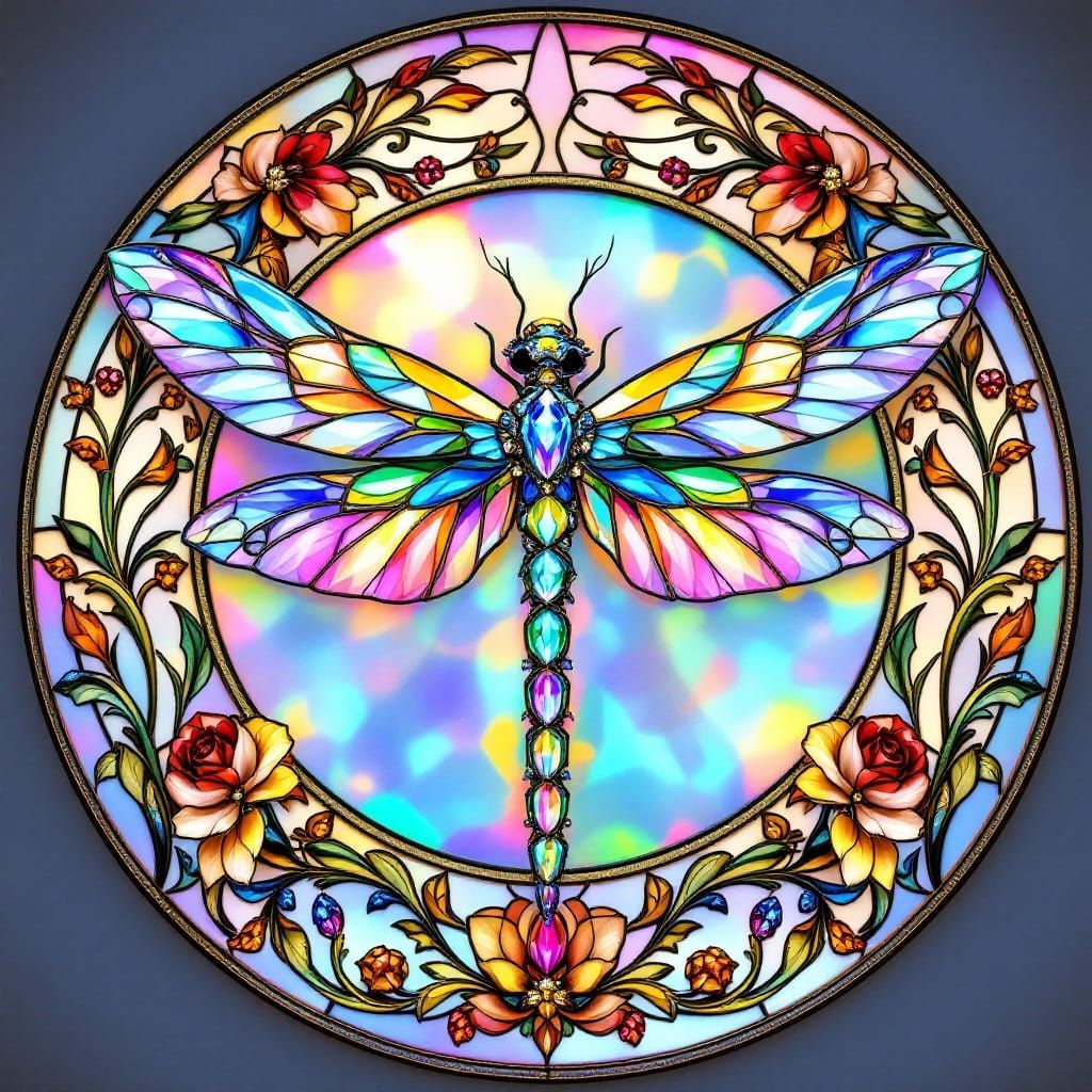 Dragonfly in Stained-Glass-Inspired Art Nouveau Masterpiece