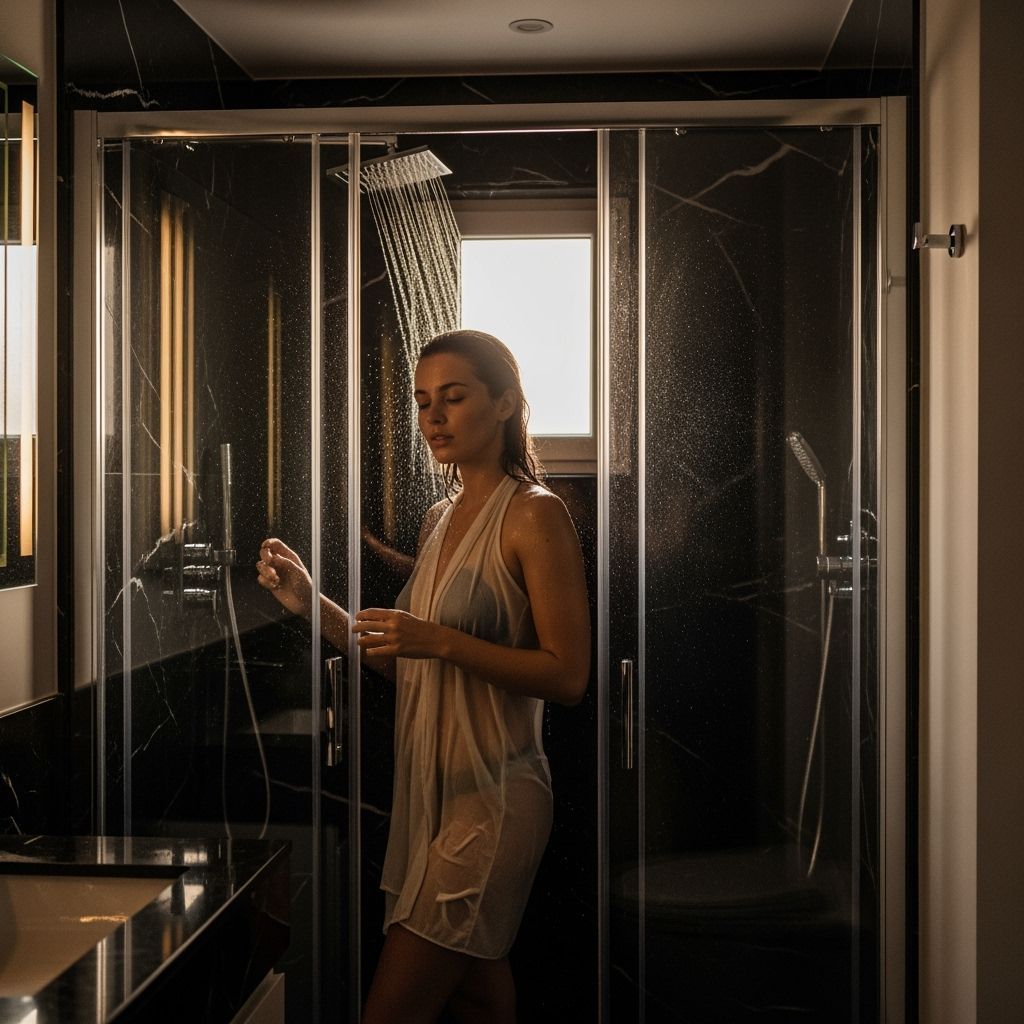 Woman Steps into Shower in Soft Sunset Light