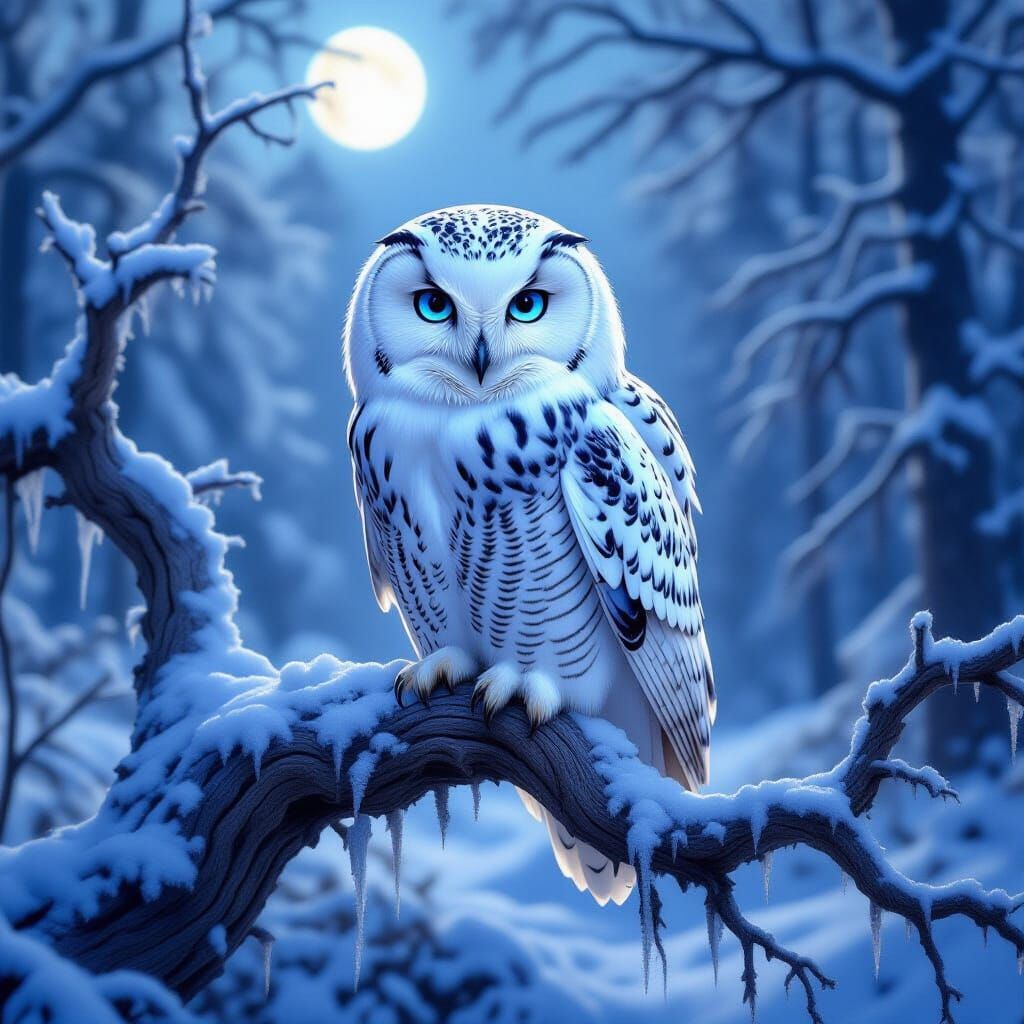 Snow Owl in Moonlit Forest, Ethereal Fantasy Art