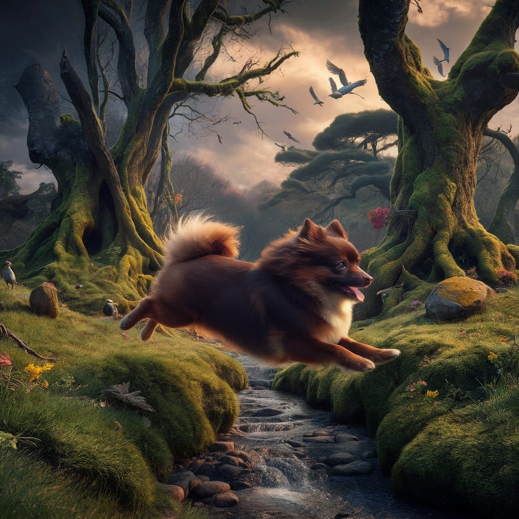 Chocolate Pomeranian Leaps in Enchanted Forest