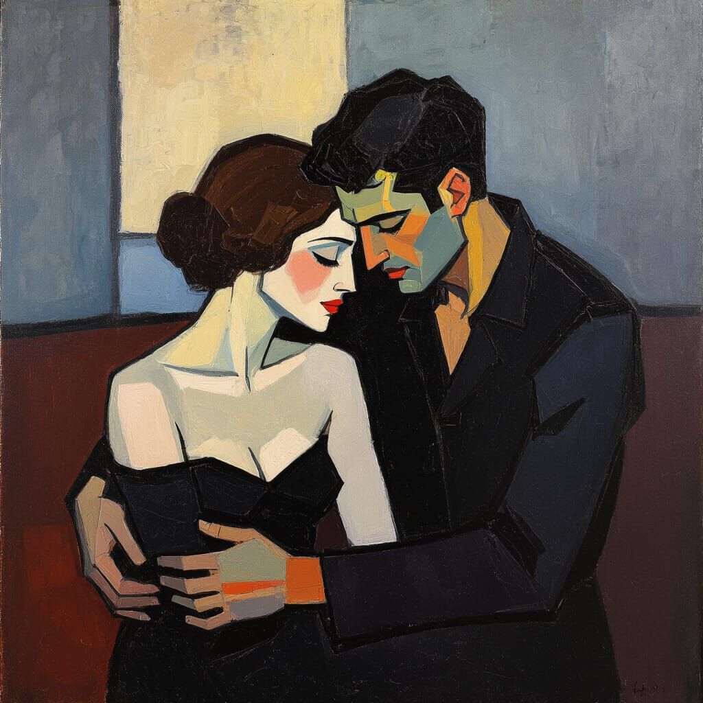 Intense Expressionist Oil Painting of Intimate Figures