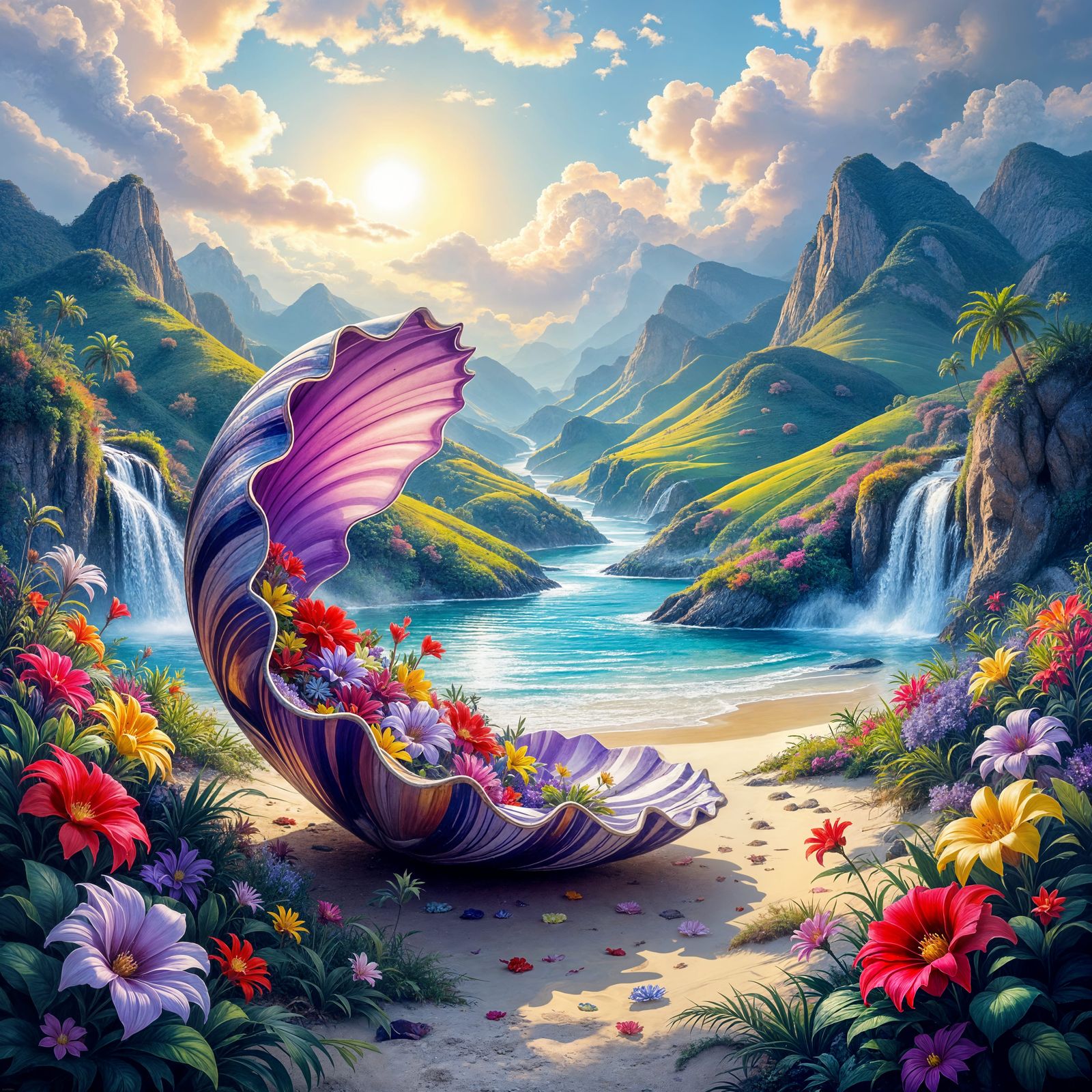 Amethyst Seashell With Psychedelic Tropical Landscape