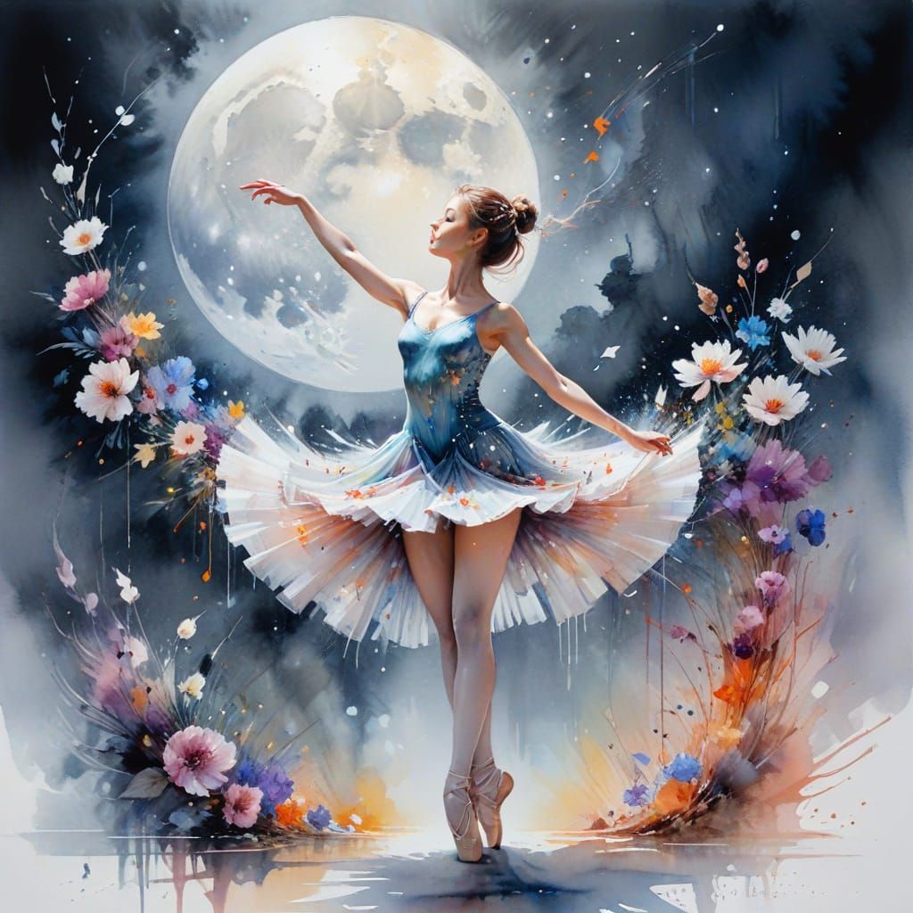 Ballerina Dancing Under Full Moon Watercolor