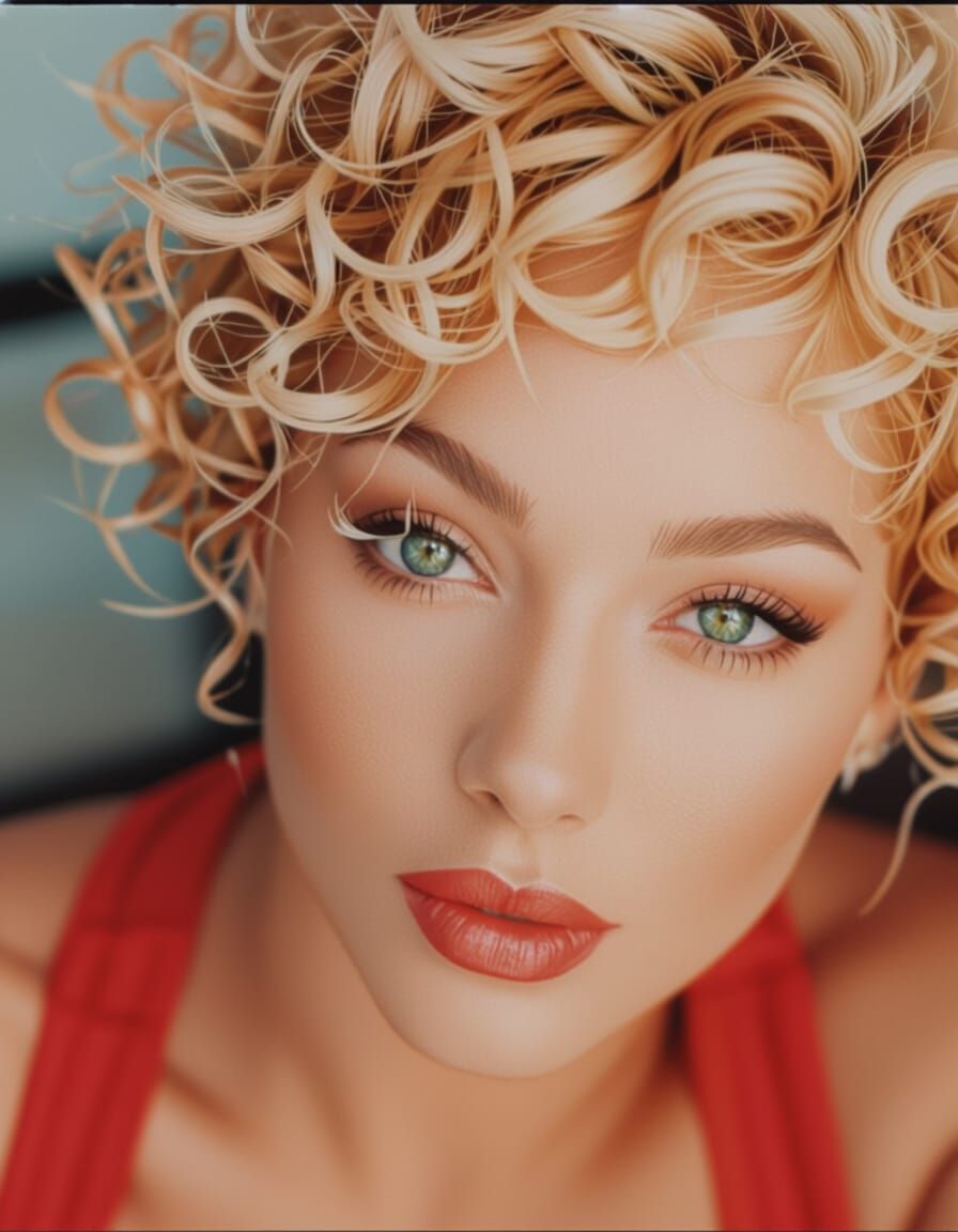 Beautiful Latina Woman with Blonde Curls and Green Eyes