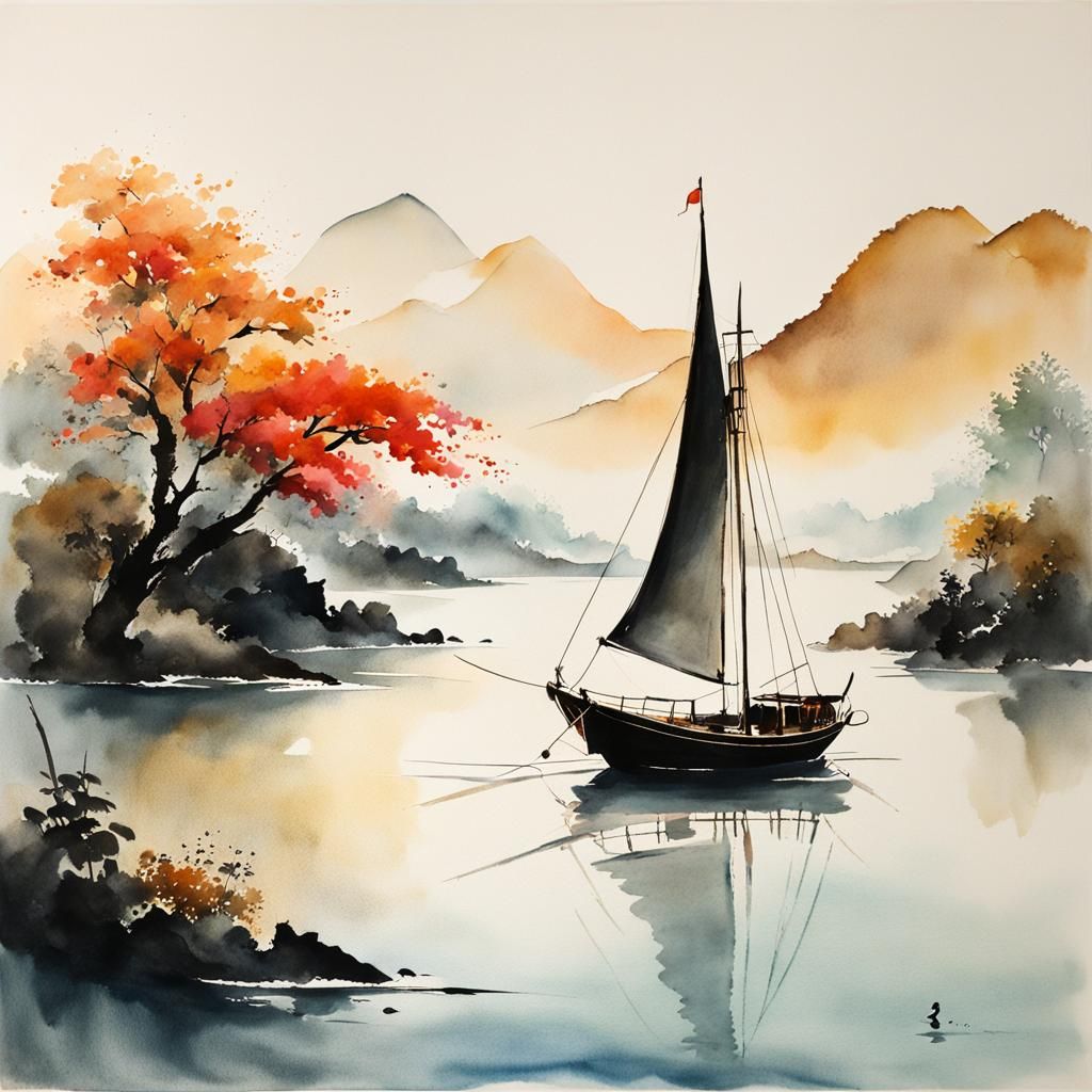 Peaceful Sailboat in Chinese Watercolor Style