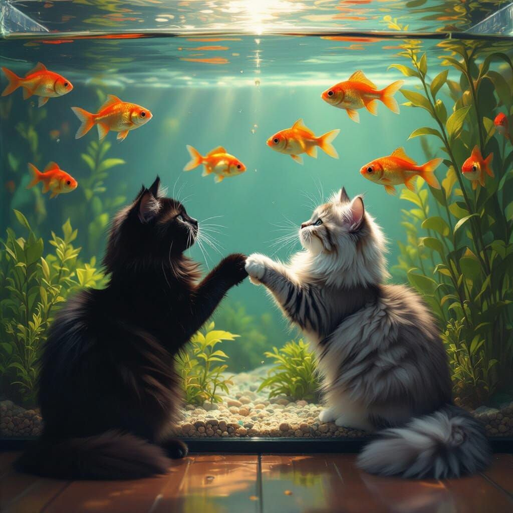 Cats Play by Aquarium with Golden Fish