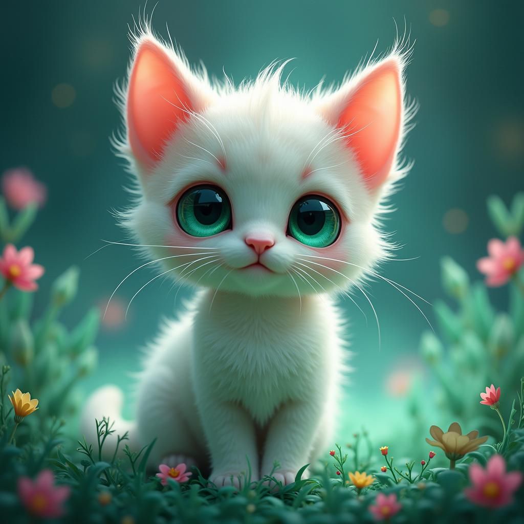 Emerald-Eyed Kitten, Minx, in Dreamlike Fantasy Matte Painti...