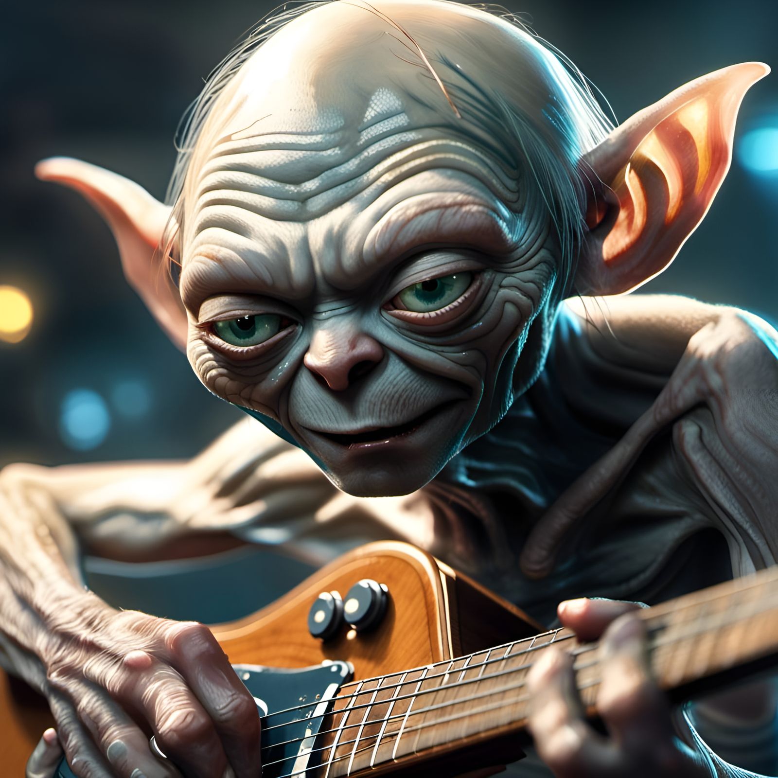 Gollum Plays Electric Guitar: 3D Digital Art