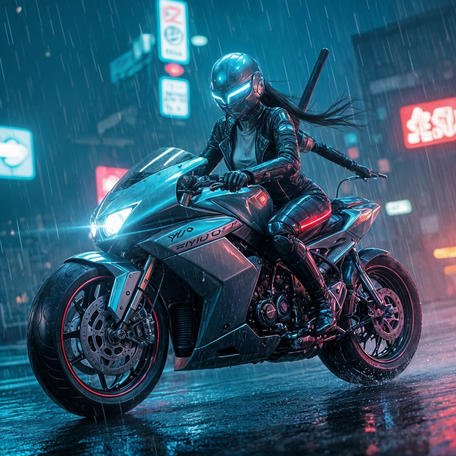 Futuristic Android Rides Motorcycle Through Cyberpunk City