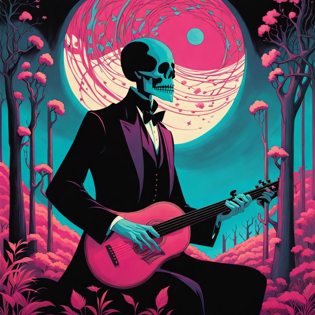 Enigmatic Skeletal Bard Portrait in Art Nouveau Style
