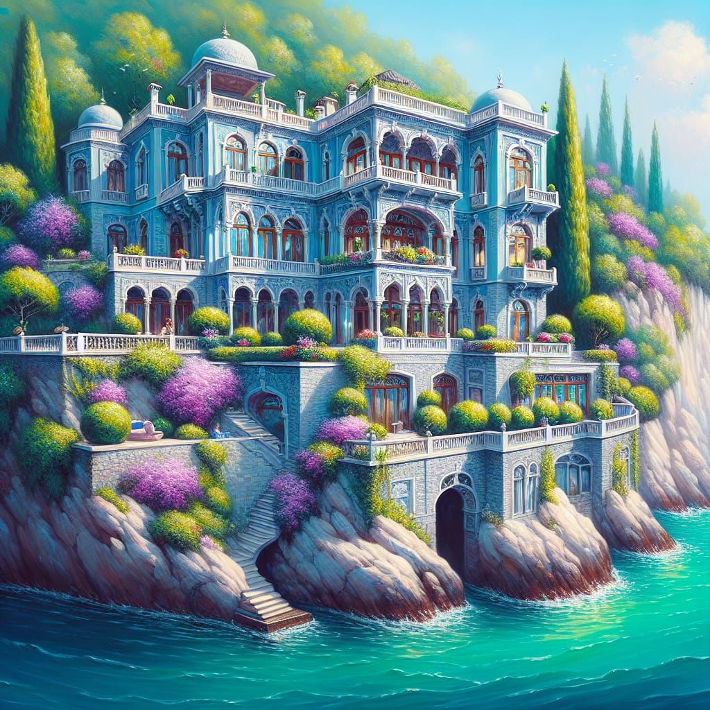 Mediterranean Villa Perched on Cliffside Overlooking Turquoi...