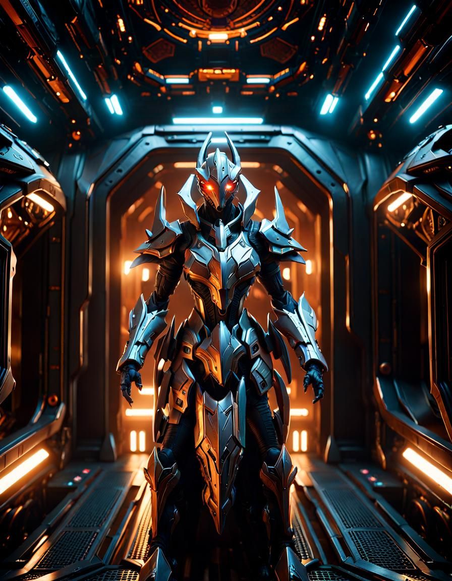 Ornate Biomechanical Warframe Warrior in Alien Ship
