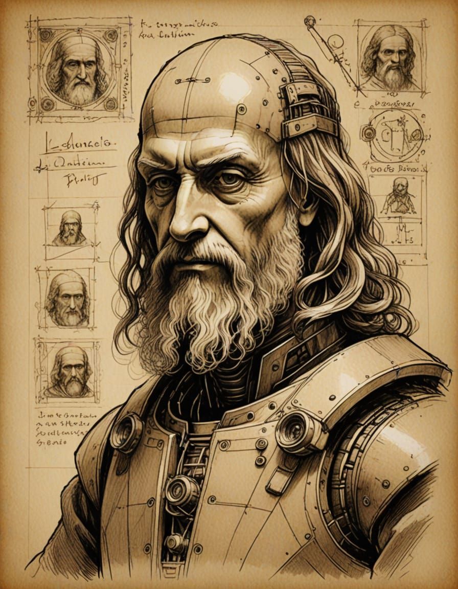 Leonardo da Vinci Constructs a Robot in Elegant Sepia Pencil...