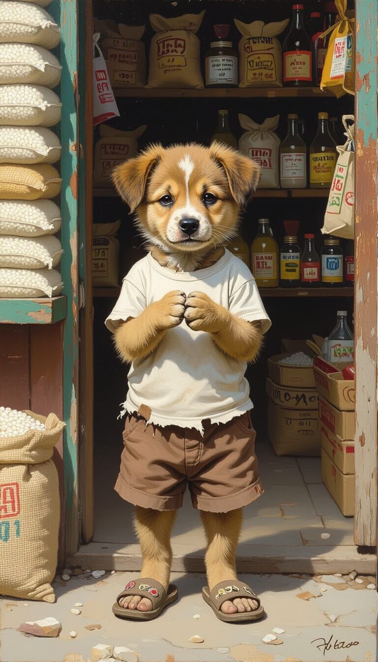 Puppy Begs for Work at Grocery Shop in Norman Rockwell Style