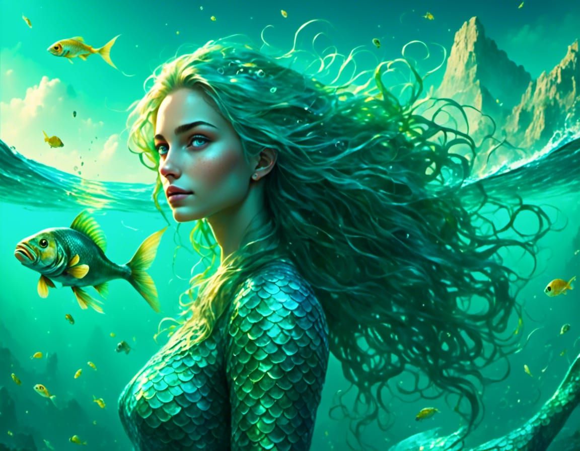 Elegant Mermaid with Flowing Green Hair