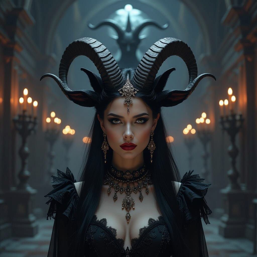 Goat-Headed Woman in Castle Hall, Surreal Art