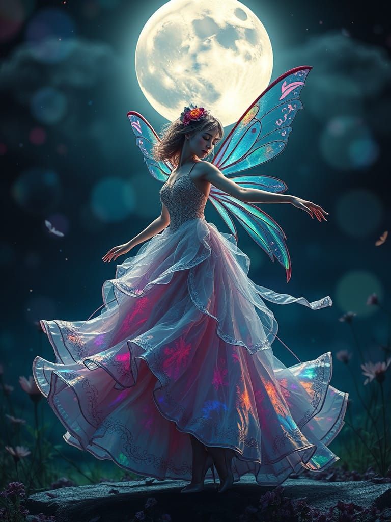 Dreamlike Fairy Dancing Under Moonlight in Vibrant Colours