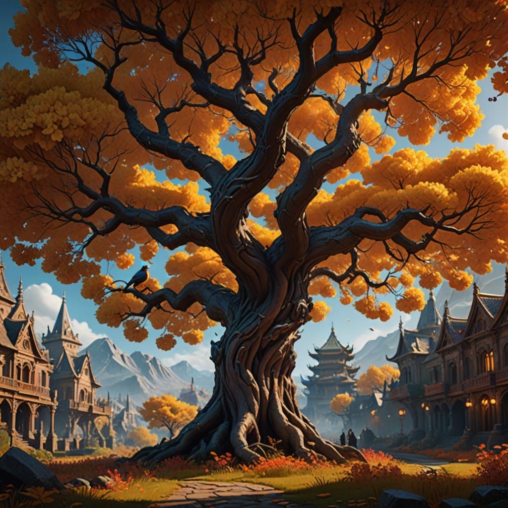 Ethereal Blossom Tree Landscape in Golden Light