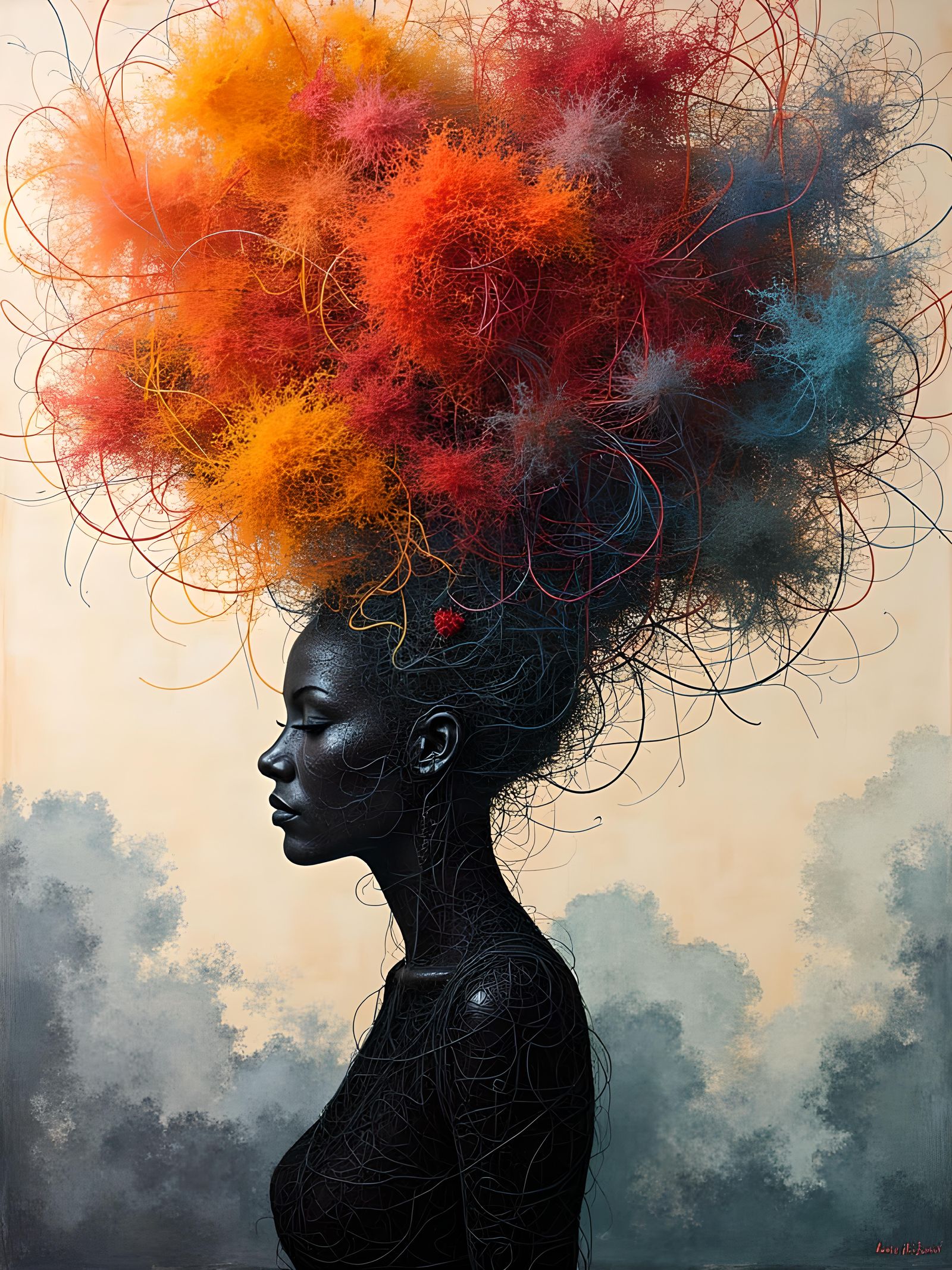 Woman and Clouds: Abstract Thread Art