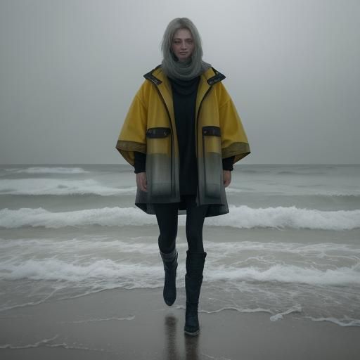 Woman in Yellow Raincoat on Rainy Beach