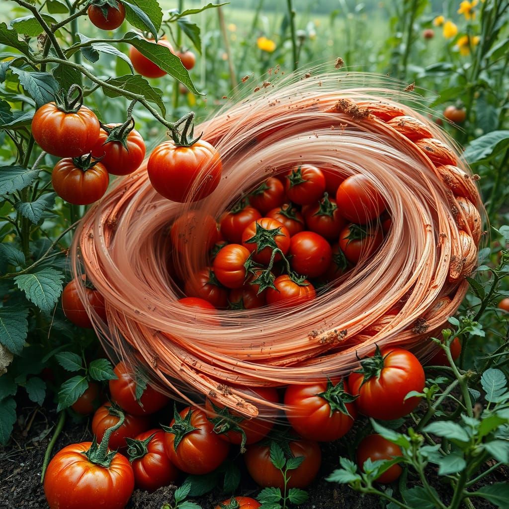 Tornado with rotten tomatoes out in the garden, macro photography