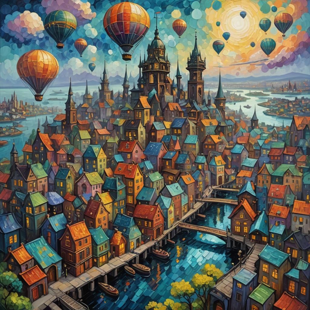 Steampunk Cityscape with Floating Islands as Impasto Paintin...