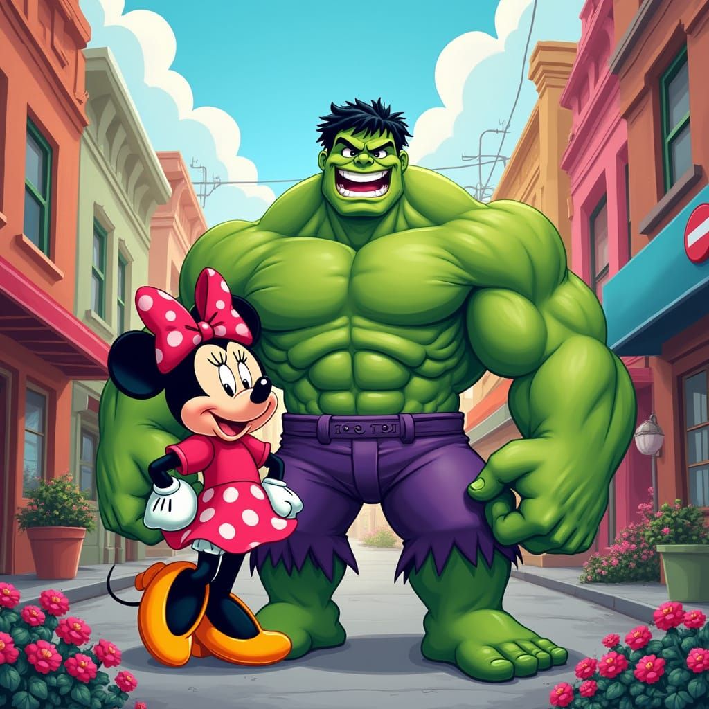 Hulk and Minnie Mouse in Whimsical City