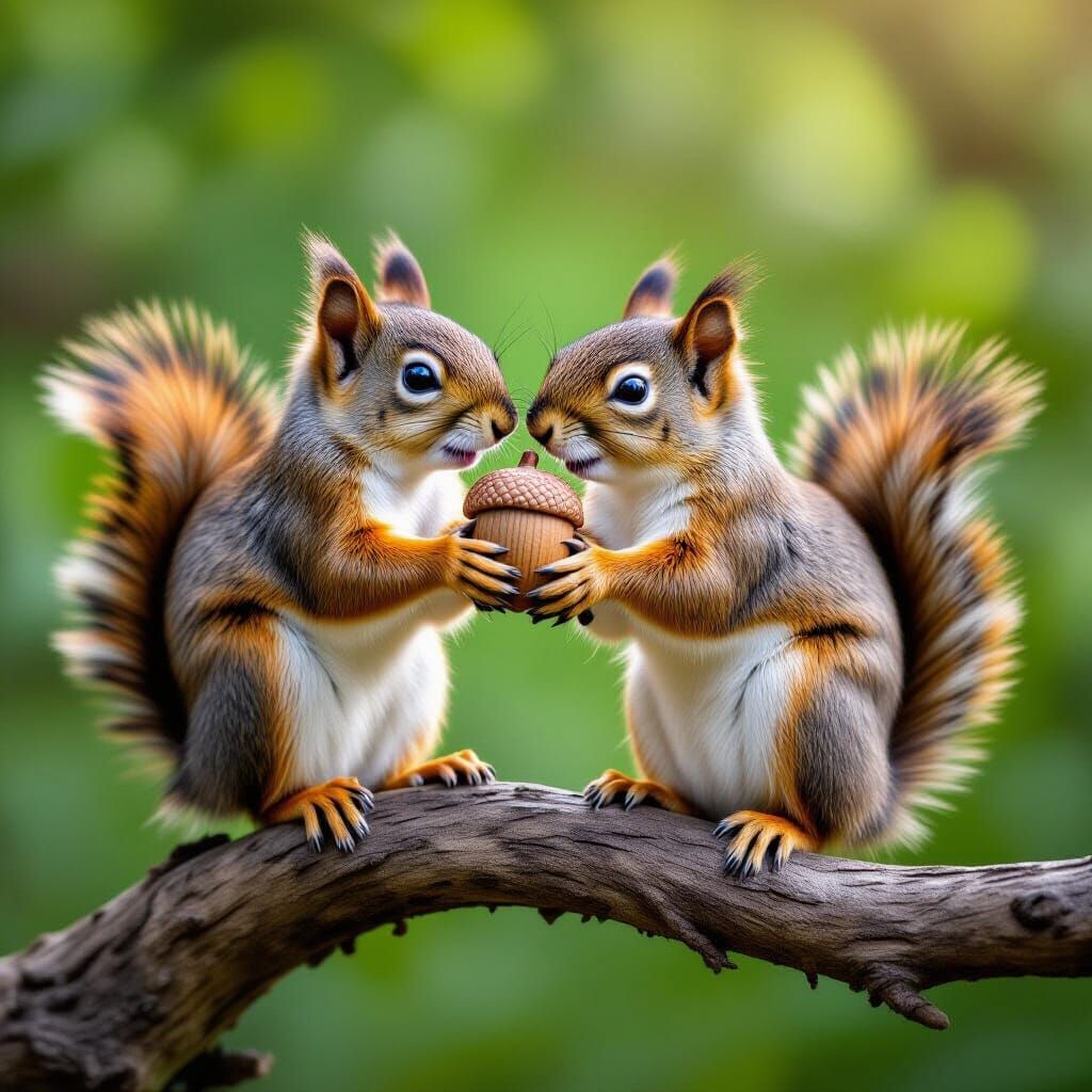 Two Squirrels Kissing Over Acorn on Tree Branch