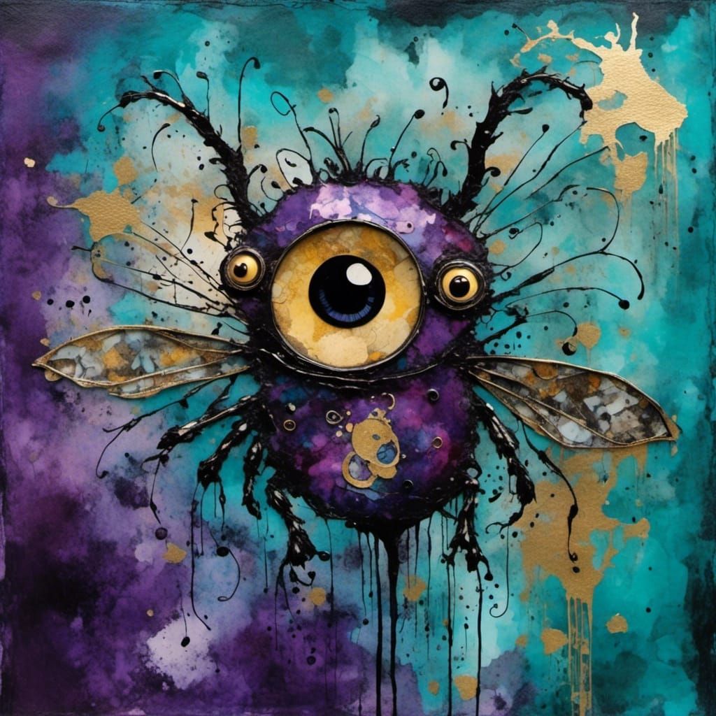Surreal Cute Monster in Mixed Media Collage